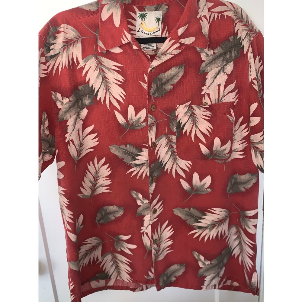 Banana Cabana 100% Silk Hawaiian Shirt Red Tropical Leaf Print Mens Medium